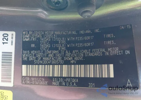 2015 Toyota Sienna Xle 8 Passenger z USA, uszkodzony, nr VIN 5TDYK3DC4FS605793